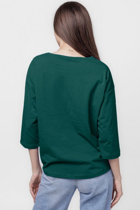 Tricou uni cu maneca 3/4 din tricot de bumbac cu snur la baza, turcoaz inchis cu imprimeu chip stilizat [3]