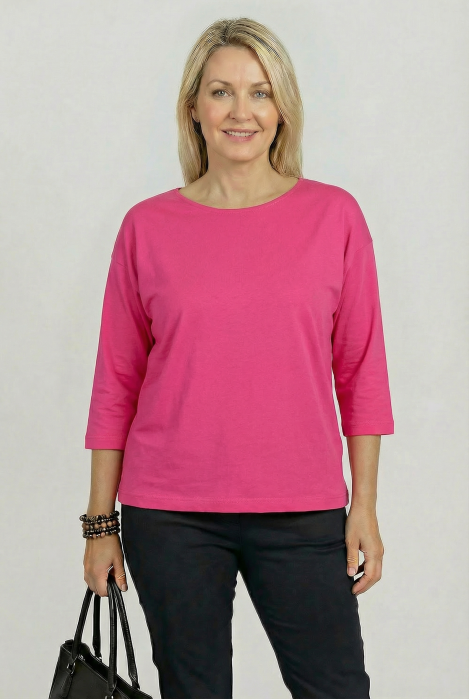 Tricou uni cu maneca 3/4 din tricot de bumbac, fucsia [1]