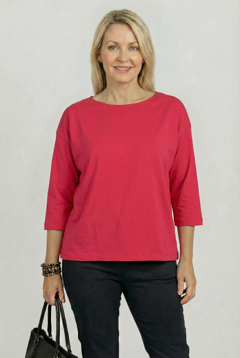 Tricou uni cu maneca 3/4 din tricot de bumbac, fucsia intens [1]