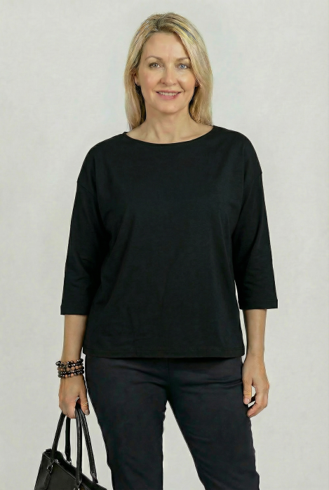 Tricou uni cu maneca 3/4 din tricot de bumbac, negru [1]