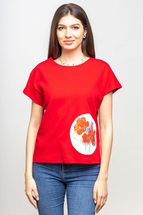 Tricou rosu cu panou lateral maci rosii picturali [1]