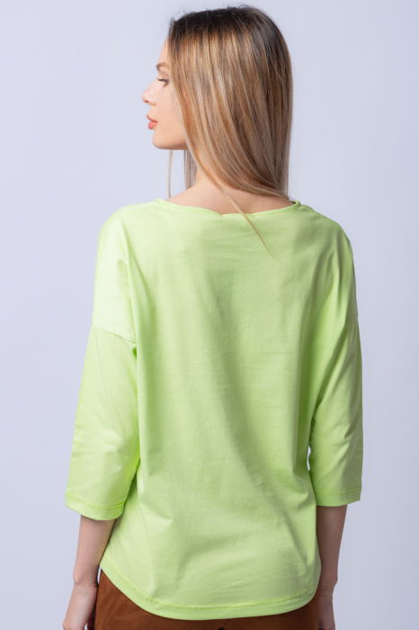 Tricou verde menta din bumbac, cu maneci 3/4 si imprimeu maci [3]