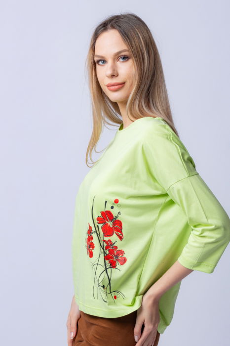 Tricou verde menta din bumbac, cu maneci 3/4 si imprimeu maci [2]