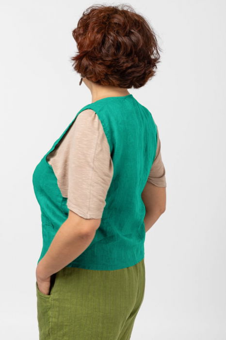 Vesta trendy din in cu colturi si nasturi de lemn, turcoaz [2]