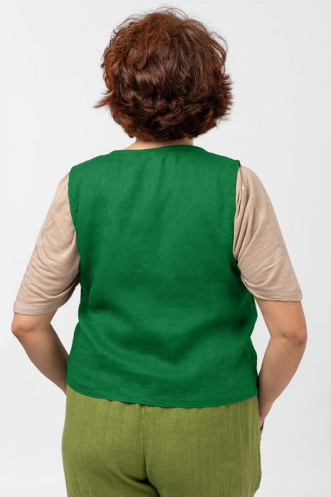 Vesta trendy din in cu colturi si nasturi de lemn, verde [3]