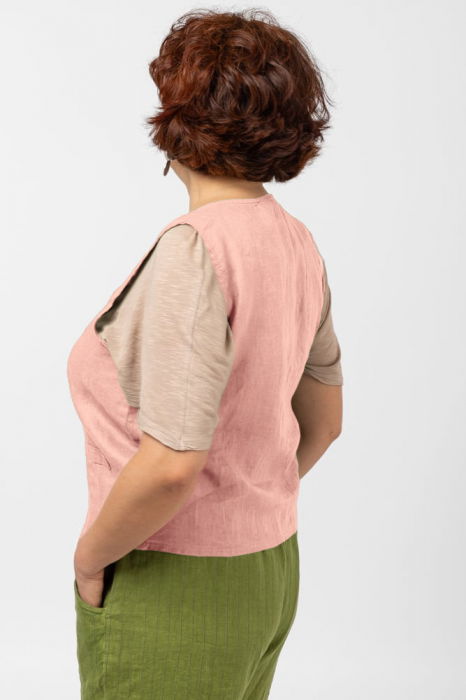 Vesta trendy din in cu colturi si nasturi de lemn, roz [2]