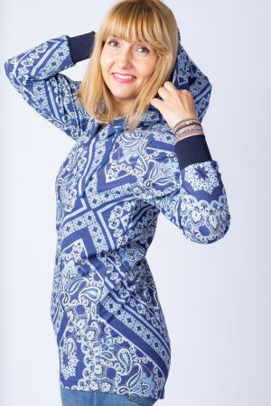 Hanorac bleumarin cu imprimeu arabesque, asimetric, cu gluga [1]