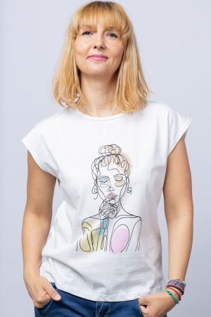 ÎMBRĂCĂMINTE - Tricou alb cu imprimeu bust fata desenata din linii, din bumbac