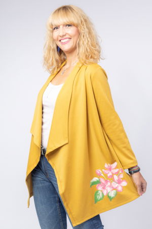 MĂSURI MARI - Blazer casual din tricot cu imprimeu floare pe o parte, mustar