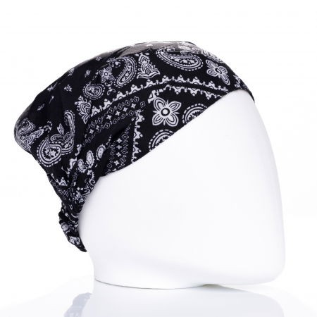 PLAJĂ SI VACANȚĂ - Bandana cu imprimeu alb pe fond negru si elastic la spate