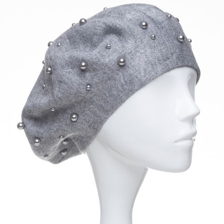 Berete - Bereta gri clasica, cu perle fine aplicate pe toata suprafata, din bumbac si lana