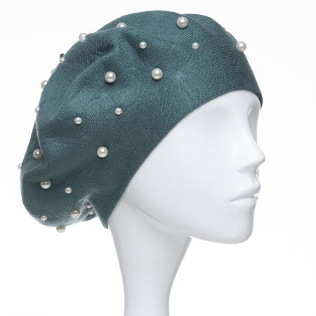 Berete - Bereta verde prafuit clasica, cu perle fine aplicate pe toata suprafata, din bumbac si lana
