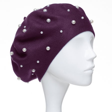 Berete - Bereta mov, cu perle fine negre aplicate pe toata suprafata, din bumbac si lana