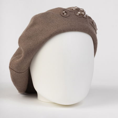 Berete - Bereta fango chic, cu decoratiune tricotata si insertii de perle, din bumbac si lana