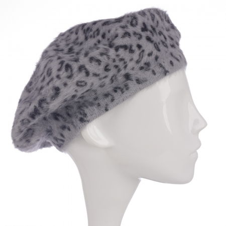 Berete - Bereta frantuzeasca cu angora, imprimeu animal print pe fond gri