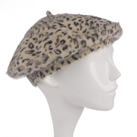Berete - Bereta frantuzeasca cu angora, imprimeu animal print pe fond bej