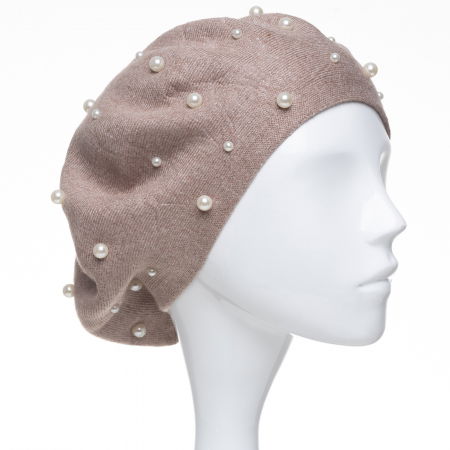 Berete - Bereta bej inchis clasica, cu perle fine aplicate pe toata suprafata, din bumbac si lana