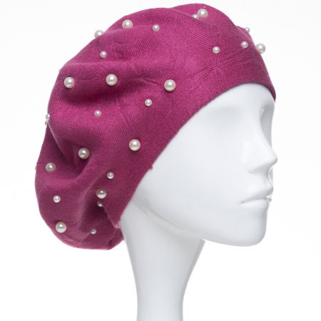 Bereta mov zmeura clasica, cu perle fine aplicate pe toata suprafata, din bumbac si lana