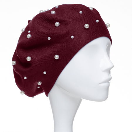 Berete - Bereta bordo, cu perle fine negre aplicate pe toata suprafata, din bumbac si lana