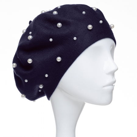 Berete - Bereta bleumarin, cu perle fine aplicate pe toata suprafata, din bumbac si lana