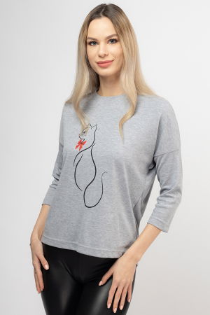 Tricouri cu Mânecă 3/4 - Tricou gri cu imprimeu silueta de pisica