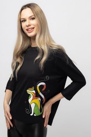 Tricouri cu Mânecă 3/4 - Tricou bleumarin cu imprimeu pisica colorata