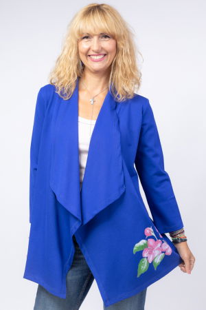 MĂSURI MARI - Blazer casual din tricot cu imprimeu floare pe o parte, albastru