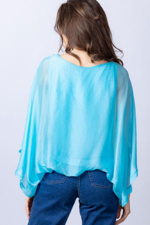 Bluza albastru aqua din matase si vascoza cu maneca fluture [4]