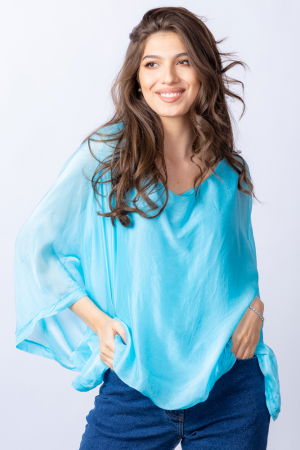 Bluze Casual - Bluza albastru aqua din matase si vascoza cu maneca fluture