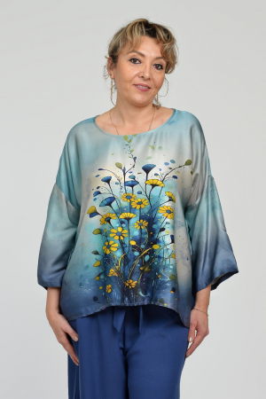 Bluza amestec matase cu vascoza, imprimeu pictural cu flori galbene delicate [3]
