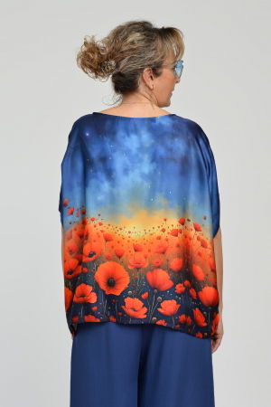Bluza maneca scurta din matase si vascoza, imprimeu pictural cu maci [5]