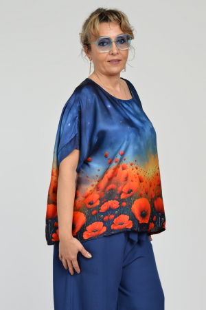 Bluza maneca scurta din matase si vascoza, imprimeu pictural cu maci [4]