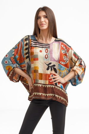 1988 Studio - Bluza amestec matase cu vascoza, imprimeu pictural cu flori si elemente geometrice