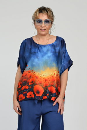Bluza maneca scurta din matase si vascoza, imprimeu pictural cu maci [1]