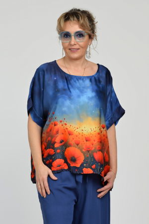 Bluza maneca scurta din matase si vascoza, imprimeu pictural cu maci [3]