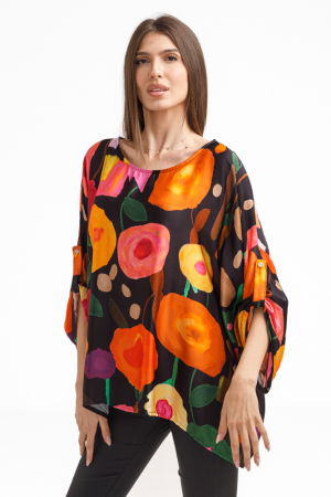Bluze din Mătase si Vâscoză - Bluza amestec matase cu vascoza, imprimeu pictural cu flori galbene delicate