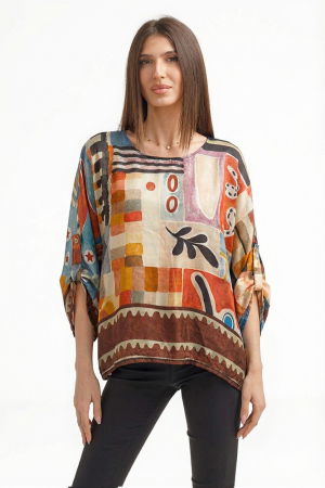 Bluza amestec matase cu vascoza, imprimeu pictural cu flori si elemente geometrice [1]