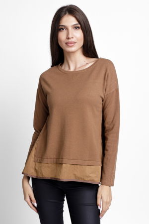 Pulovere - Pulover evazat cu angora, cu insertii laterale brodate, camel