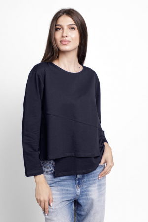 Tricouri Mânecă Lungă - Bluza asimetrica cu suprapunere in colt din tricot de bumbac, bleumarin