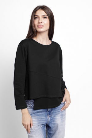 Tricouri Mânecă Lungă - Bluza asimetrica cu suprapunere in colt din tricot de bumbac, neagra
