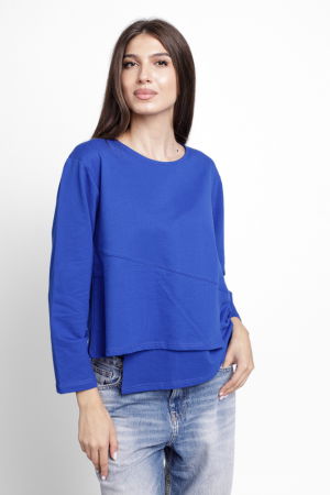 Tricouri din Bumbac - Bluza asimetrica cu suprapunere in colt din tricot de bumbac, albastra