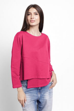Tricouri Mânecă Lungă - Bluza asimetrica cu suprapunere in colt din tricot de bumbac, fucsia