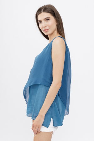 Bluza asimetrica in colturi din matase si vascoza si bumbac fara maneci, turcoaz inchis [1]