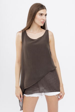 Bluze din Mătase si Vâscoză - Bluza asimetrica in colturi din matase si vascoza si bumbac fara maneci, maro