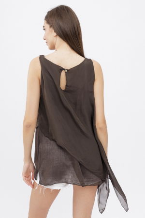 Bluza asimetrica in colturi din matase si vascoza si bumbac fara maneci, maro [2]