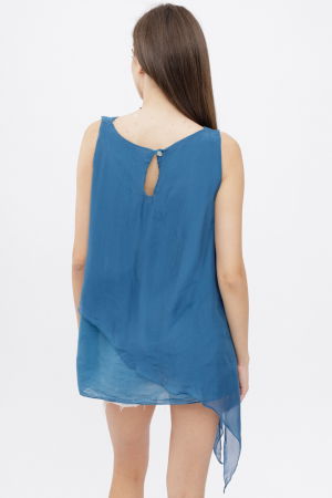 Bluza asimetrica in colturi din matase si vascoza si bumbac fara maneci, turcoaz inchis [2]