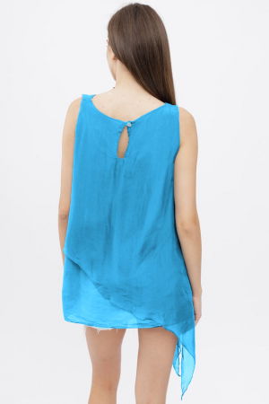 Bluza asimetrica in colturi din matase si vascoza si bumbac fara maneci, albastru azur [2]
