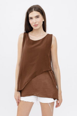 MĂSURI MARI - Bluza asimetrica in colturi din matase si vascoza si bumbac fara maneci, maron