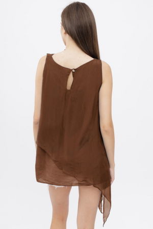 Bluza asimetrica in colturi din matase si vascoza si bumbac fara maneci, maron [2]