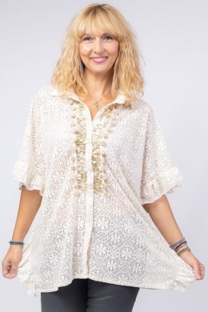 Bluze Casual - Bluza bej eleganta din dantela cu aplicatie aurie